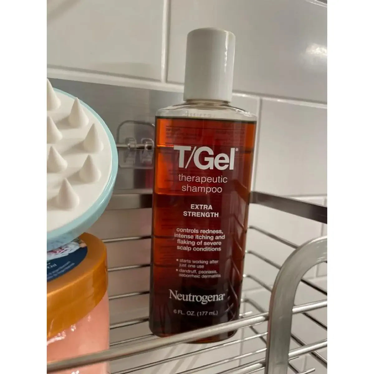 Earlier red-label T/Gel bottle in a shower caddy
