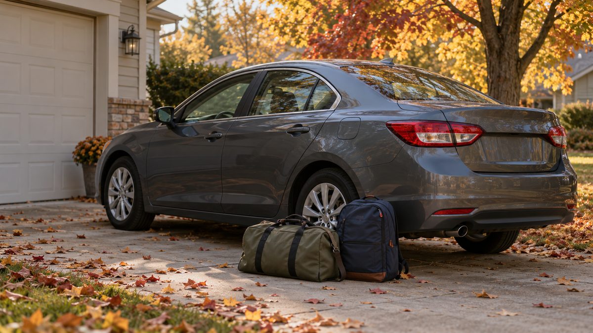 A gray sedan parked in an autumn driveway with a duffel bag and backpack resting beside the rear wheel.