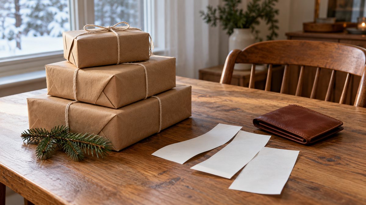 Kraft-wrapped parcels, a closed wallet and blank paper slips sit on a dining table beside an evergreen sprig.