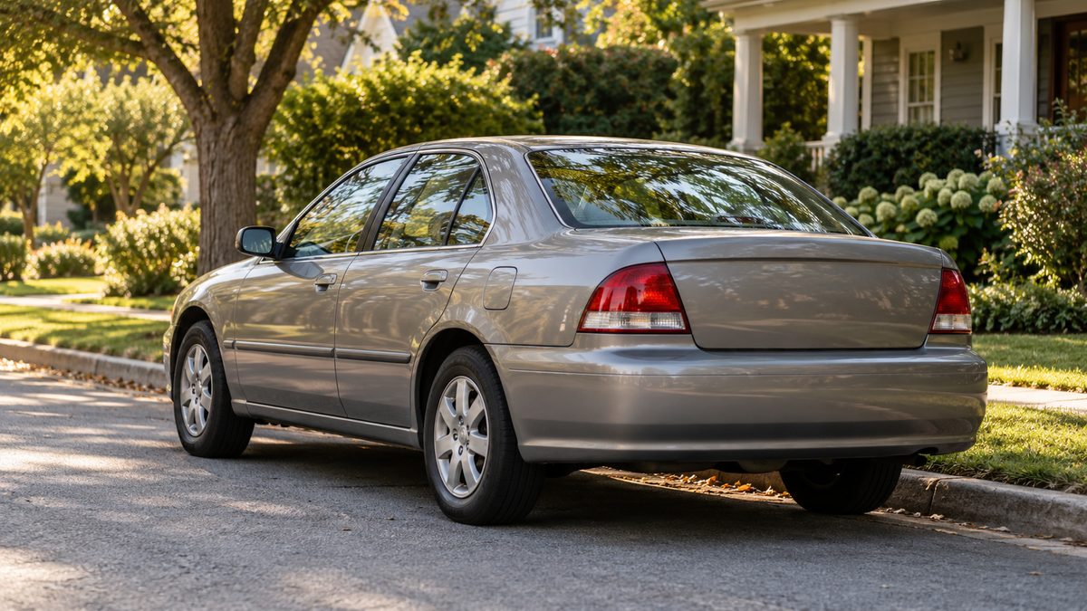 An unbadged sedan stands on a quiet suburban street lined with trees and modest houses.