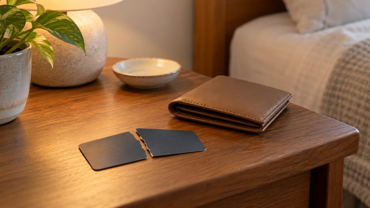 A plain bank card cut into two pieces lies beside a closed tan wallet on a wooden table.
