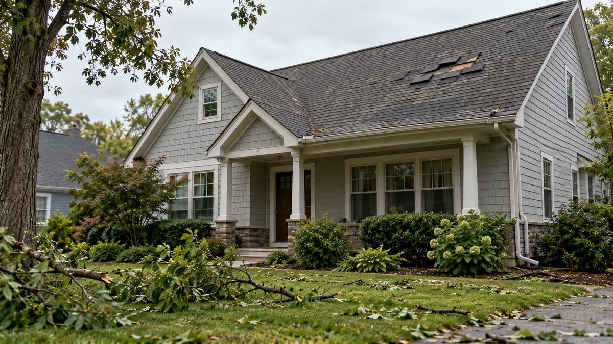 A suburban house with displaced roof shingles and fallen leafy branches on the lawn after a windstorm.
