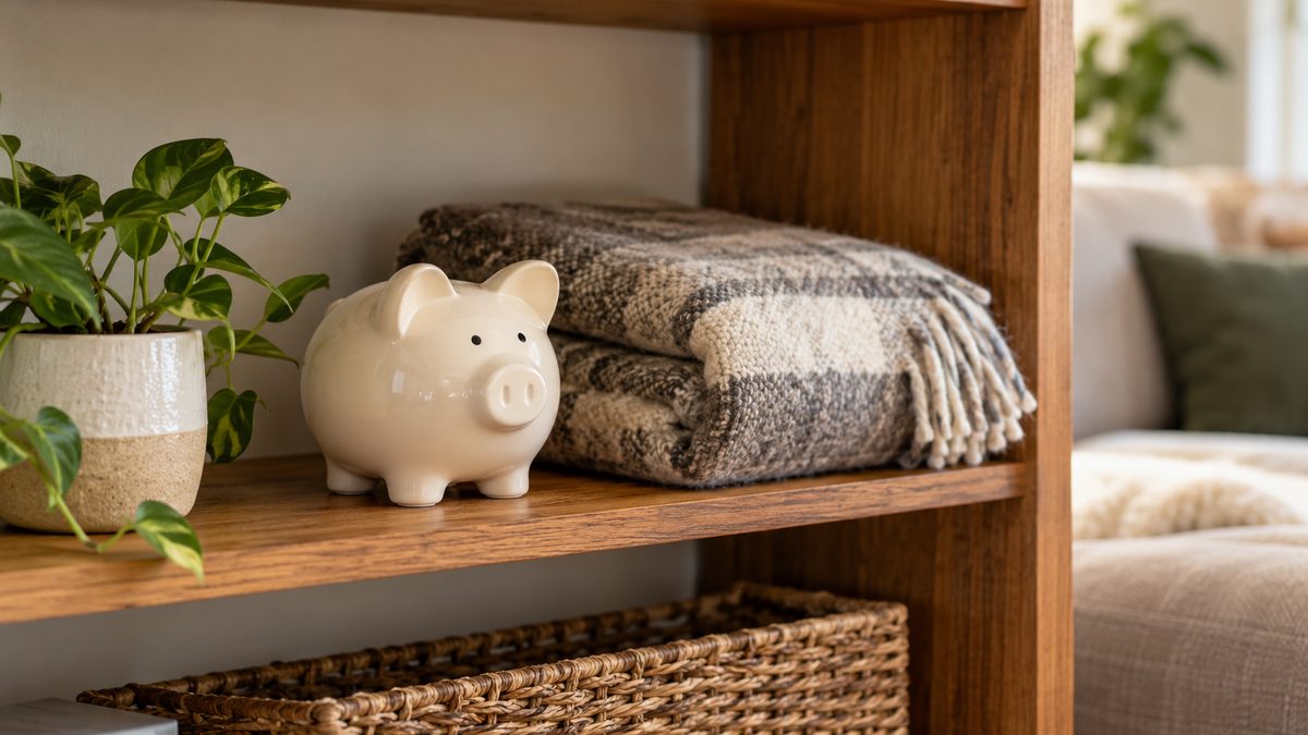 A cream ceramic piggy bank rests on a wooden shelf beside a folded blanket and a small green plant.