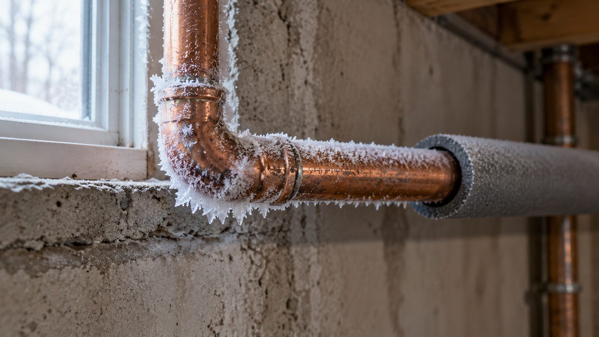 Frost crystals cover a copper water pipe and elbow joint beside foam insulation along a basement wall.