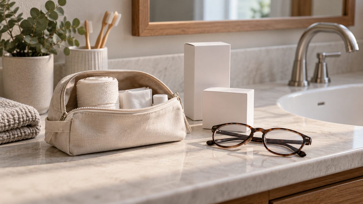 An open cotton pouch with a rolled bandage sits beside eyeglasses and plain white boxes on a bathroom counter.
