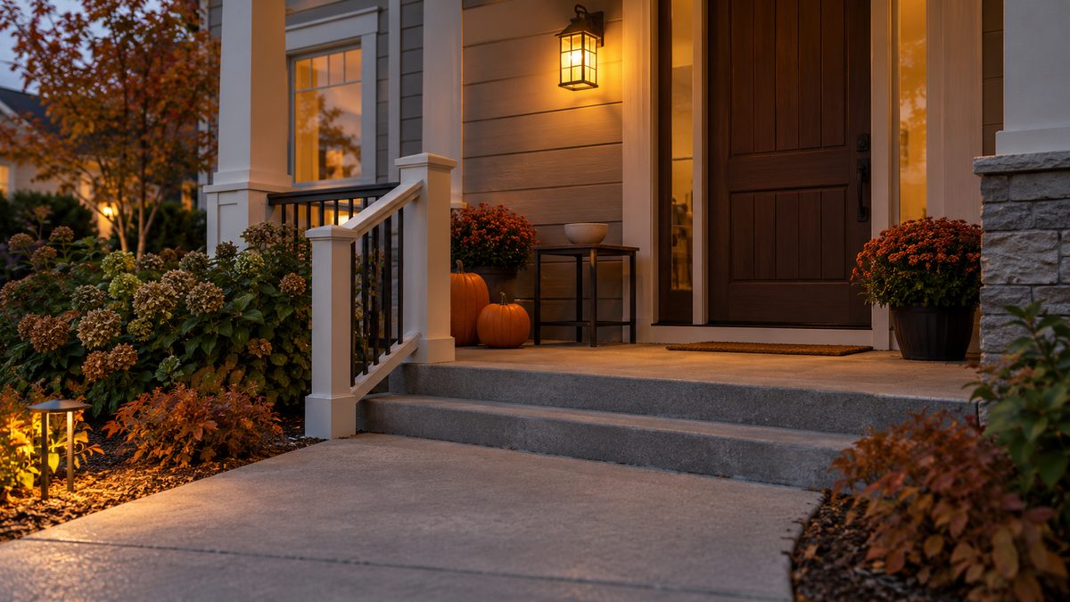 A warmly lit front porch with uncarved pumpkins beside a clear walkway and steps with a railing.