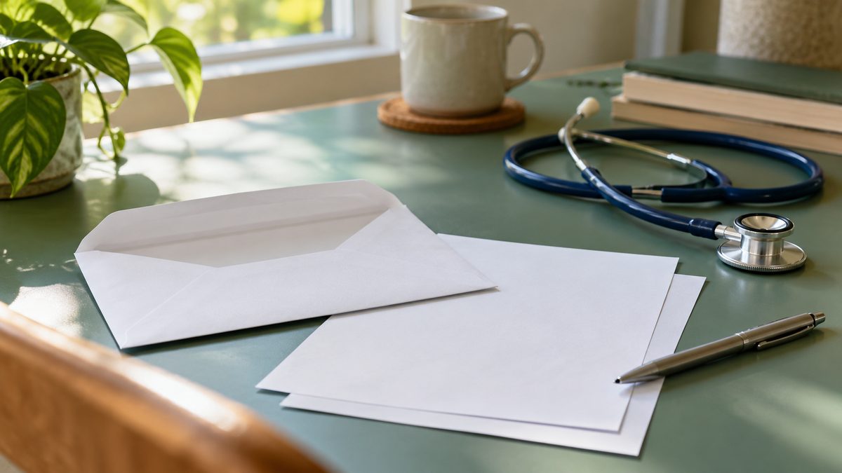 An open white envelope and blank sheets lie beside a dark stethoscope on a softly lit green desk.