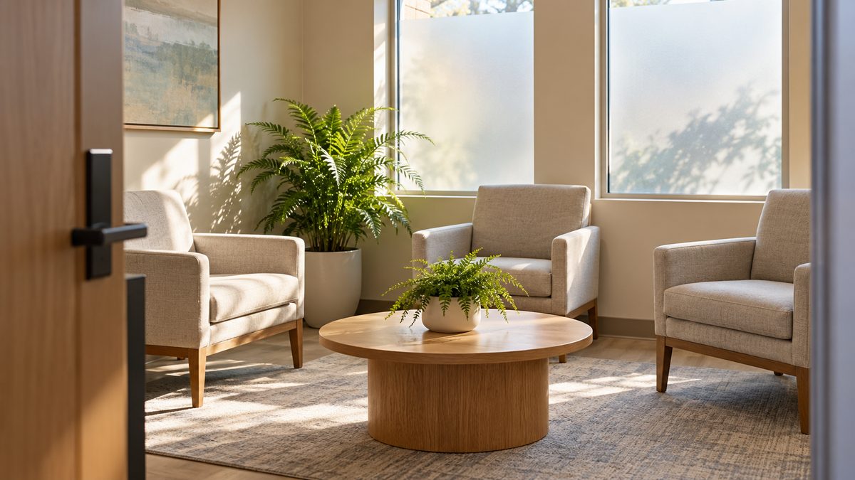 Three upholstered chairs and a low wooden table sit in an empty medical waiting room beside frosted windows.