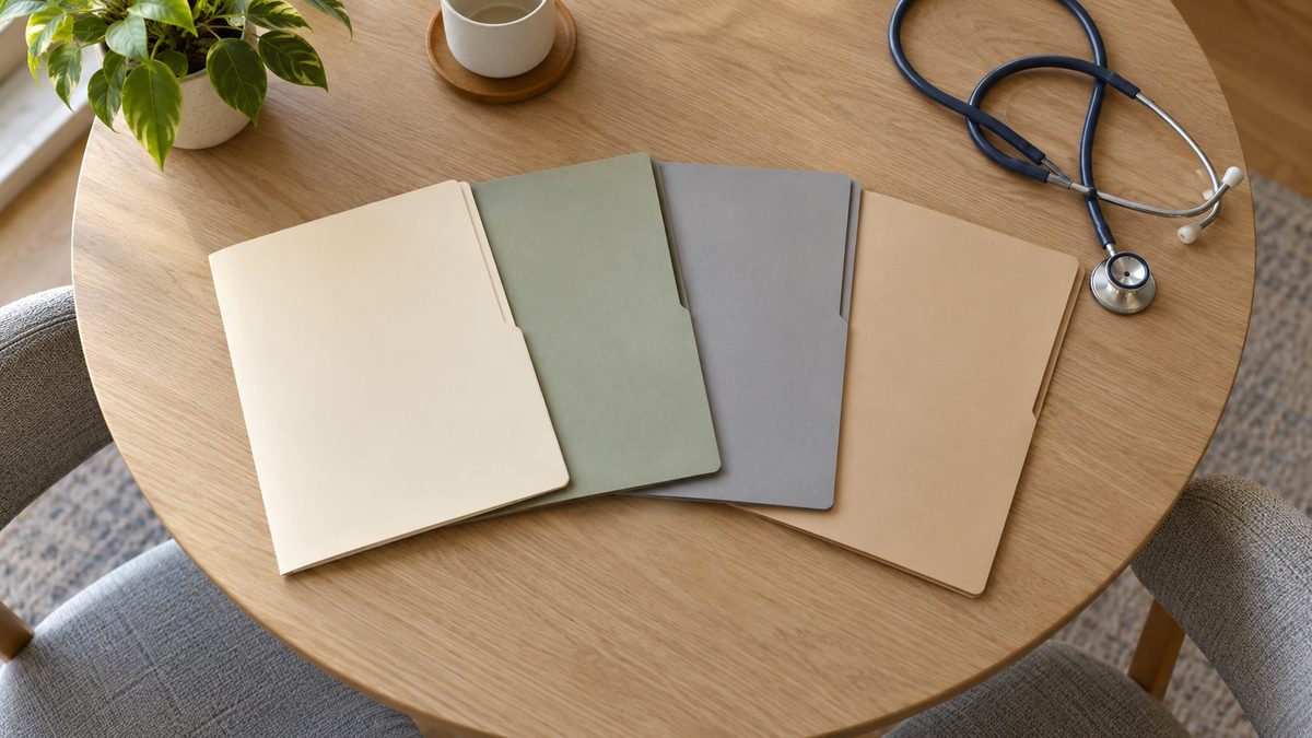 Four plain folders in muted colors fan across a round table with a stethoscope resting near the edge.