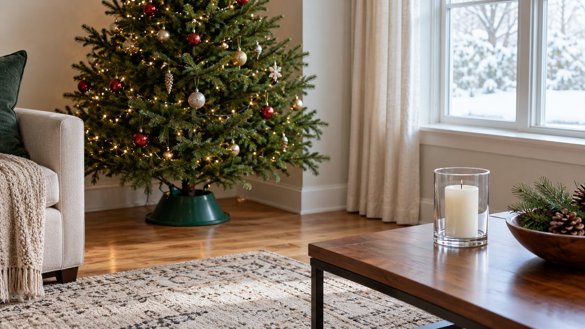An evergreen tree and an unlit candle on a separate clear table in a calm living room.