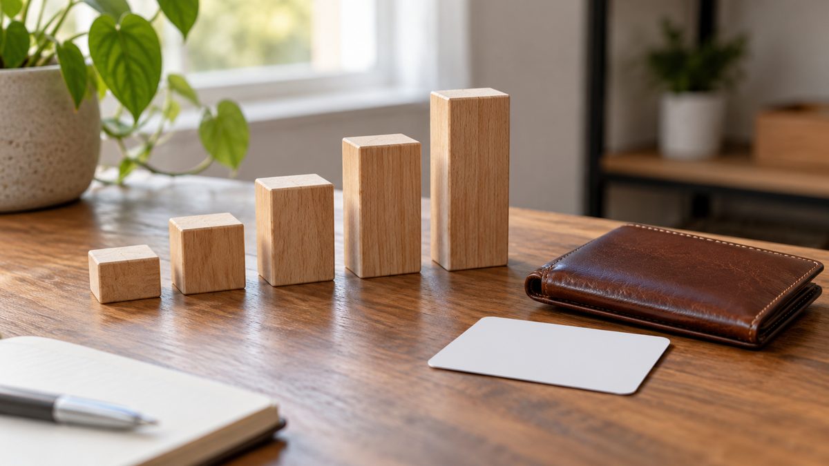 Five wooden blocks rise in height beside a closed brown wallet and a blank card on a sunlit desk.