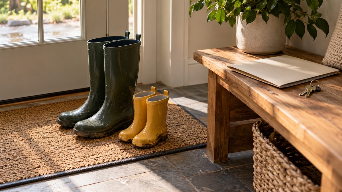 Adult and child rain boots stand on an entryway mat beside a bench holding keys and a plain folder.