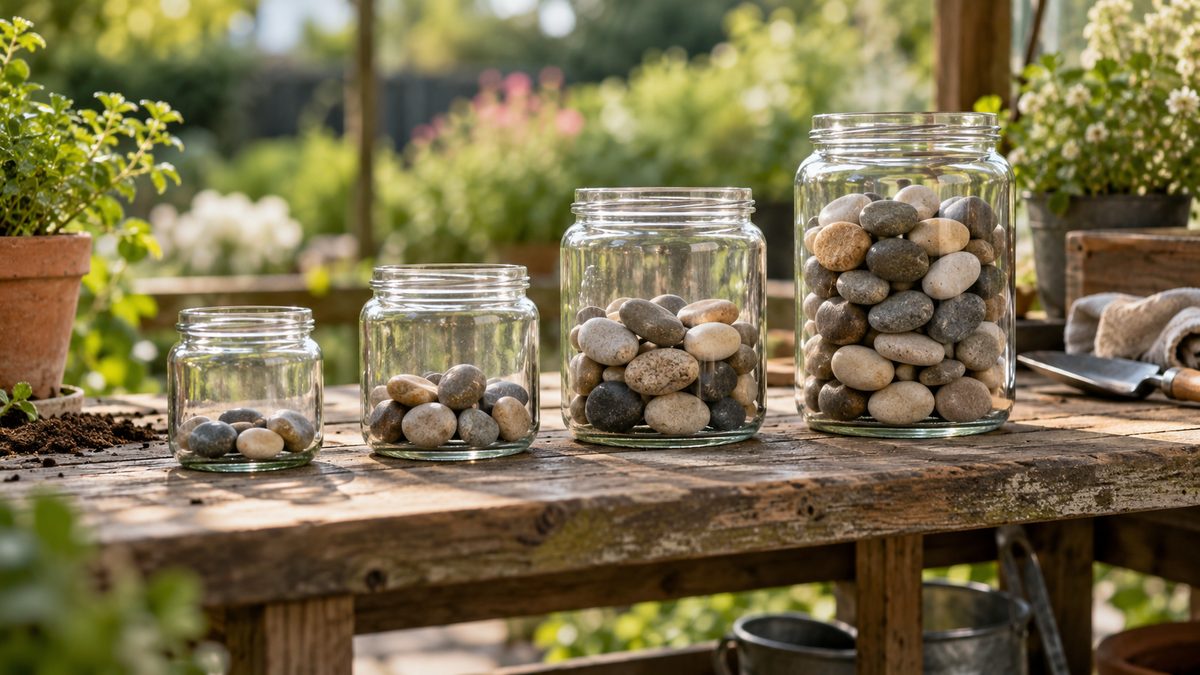 Four glass jars containing different amounts of smooth pebbles stand on a rustic bench beside a garden.