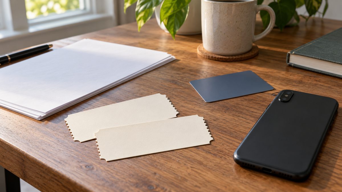 Blank paper tickets, a plain payment card, and a face-down phone on a wooden home office desk.