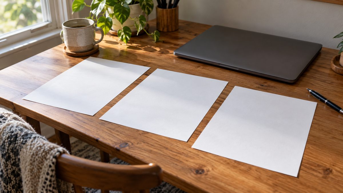 Three blank sheets of paper and a pen spread across a wooden home desk beside a closed laptop.