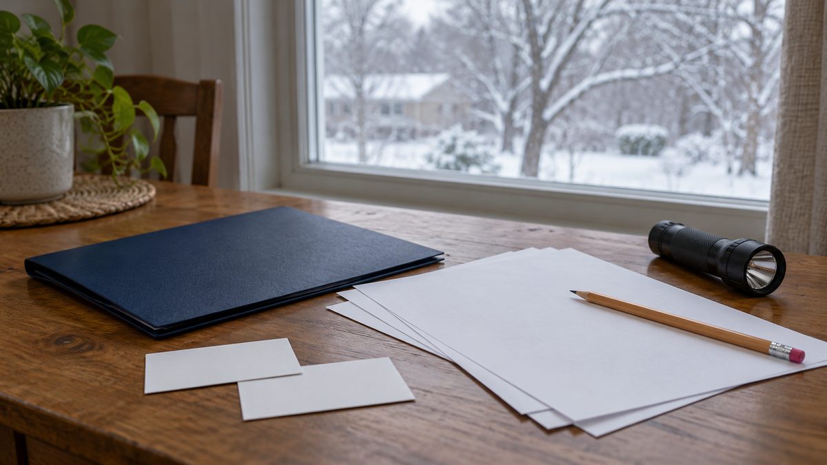 Blank papers, plain cards, a document folder, and a flashlight on a table beside a snowy window.