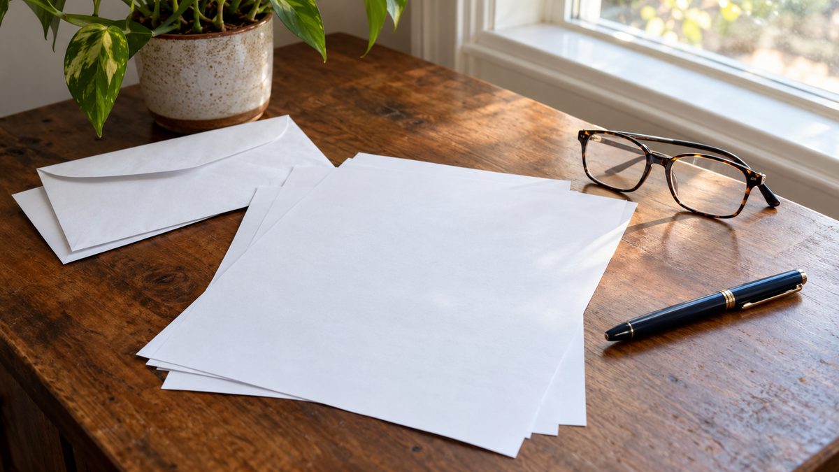 Reading glasses, a pen, and blank insurance paperwork on a home desk in soft daylight.