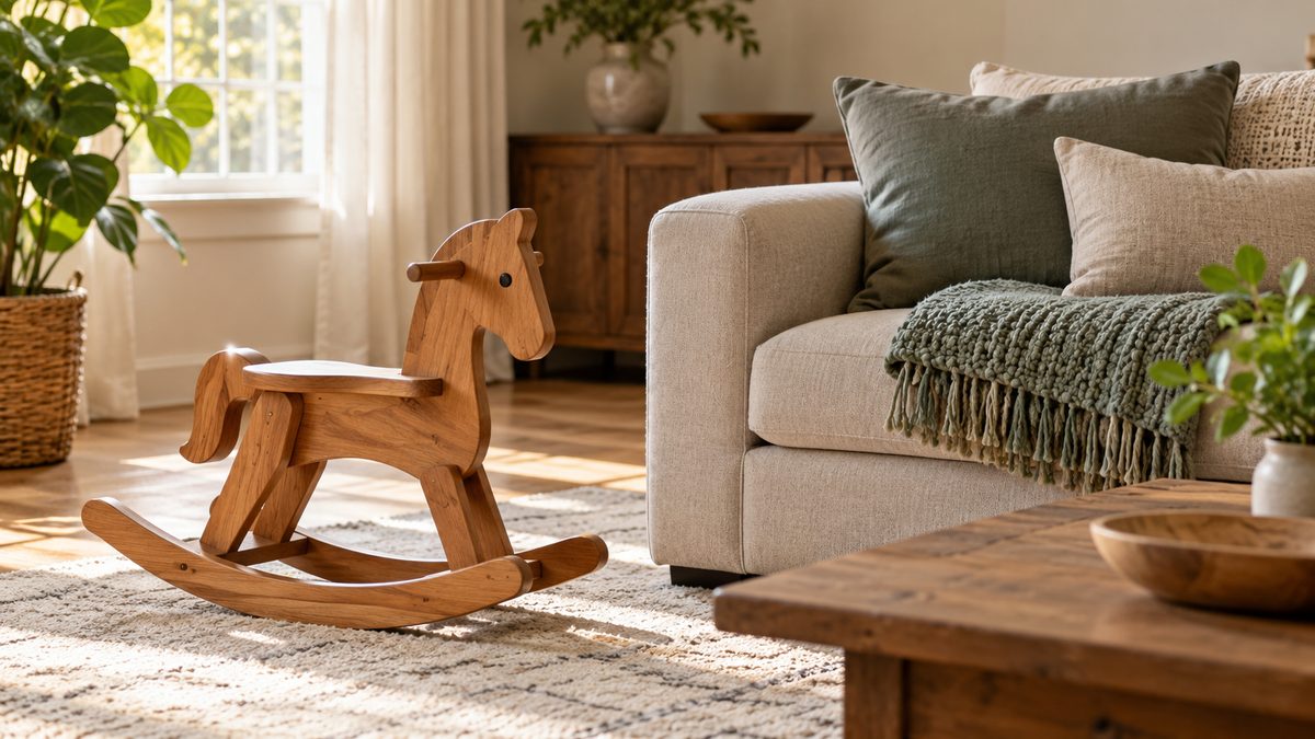 A wooden rocking horse stands beside a comfortable sofa and folded blanket in a quiet sunlit living room.