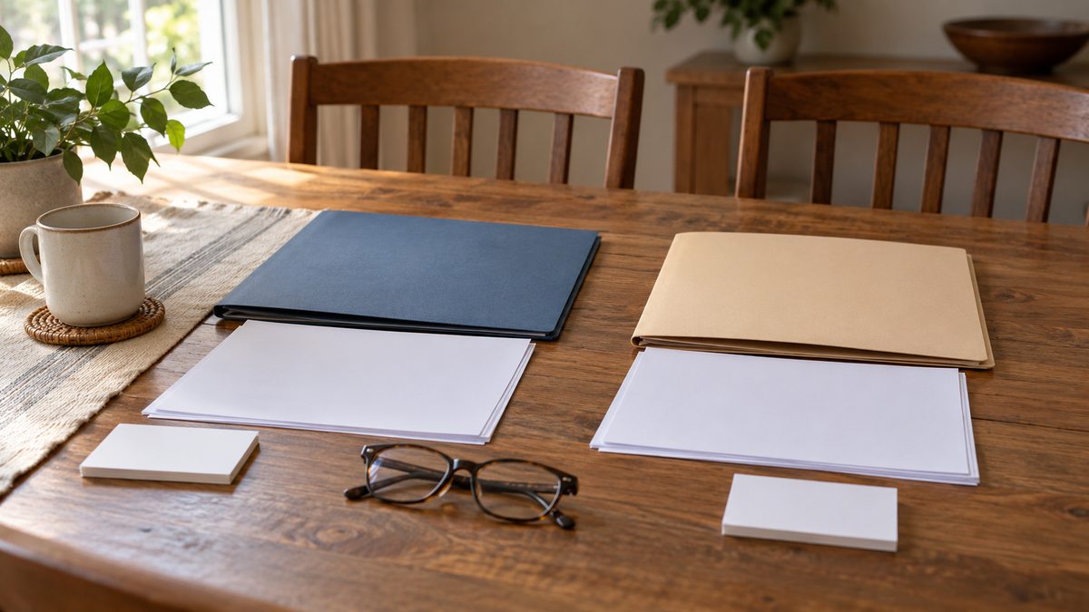 Two plain folders, blank papers and cards, and reading glasses arranged on a sunlit dining table.