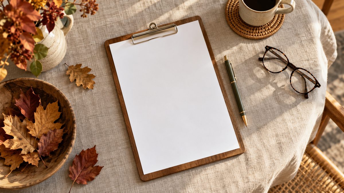 A blank clipboard, pen, reading glasses and autumn leaves rest on a linen-covered dining table.