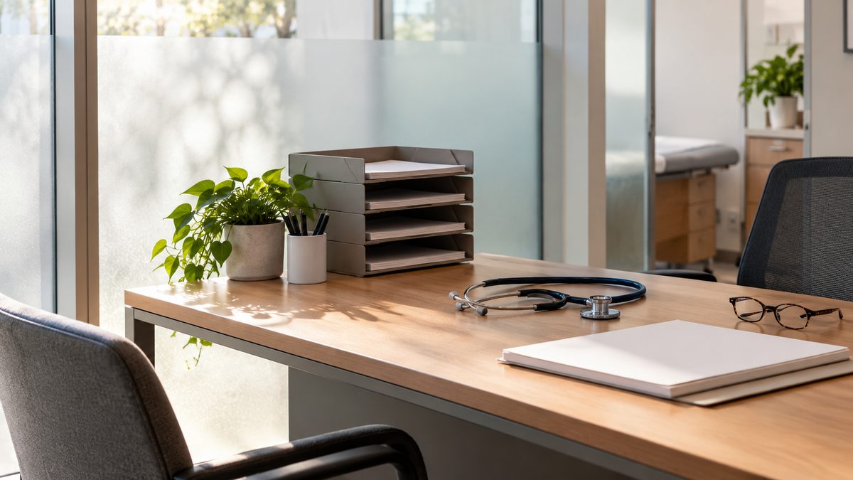 A stethoscope and reading glasses rest beside four plain document trays on a sunlit clinic desk.