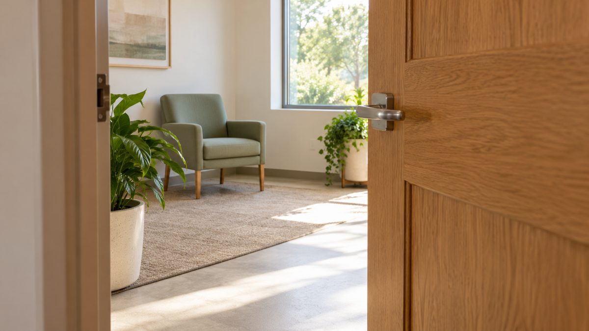 An open wooden door leads into a quiet medical reception area with a sage chair and soft daylight.