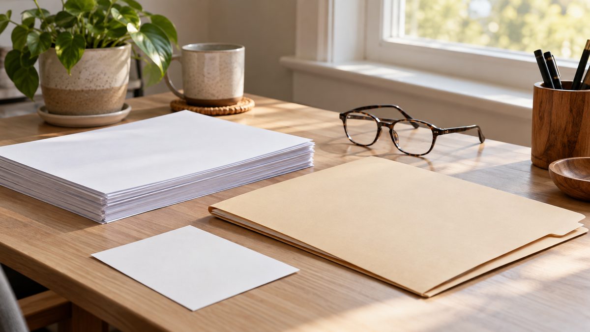 Blank papers, a manila folder, and reading glasses on a wooden home office desk beside a sunny window.