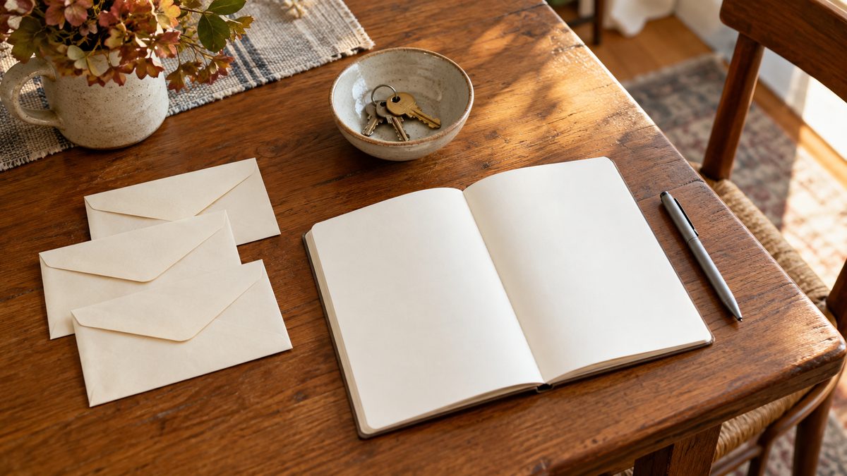 Blank envelopes and an open notebook sit beside a plain pen and a small bowl of house keys on a home table.