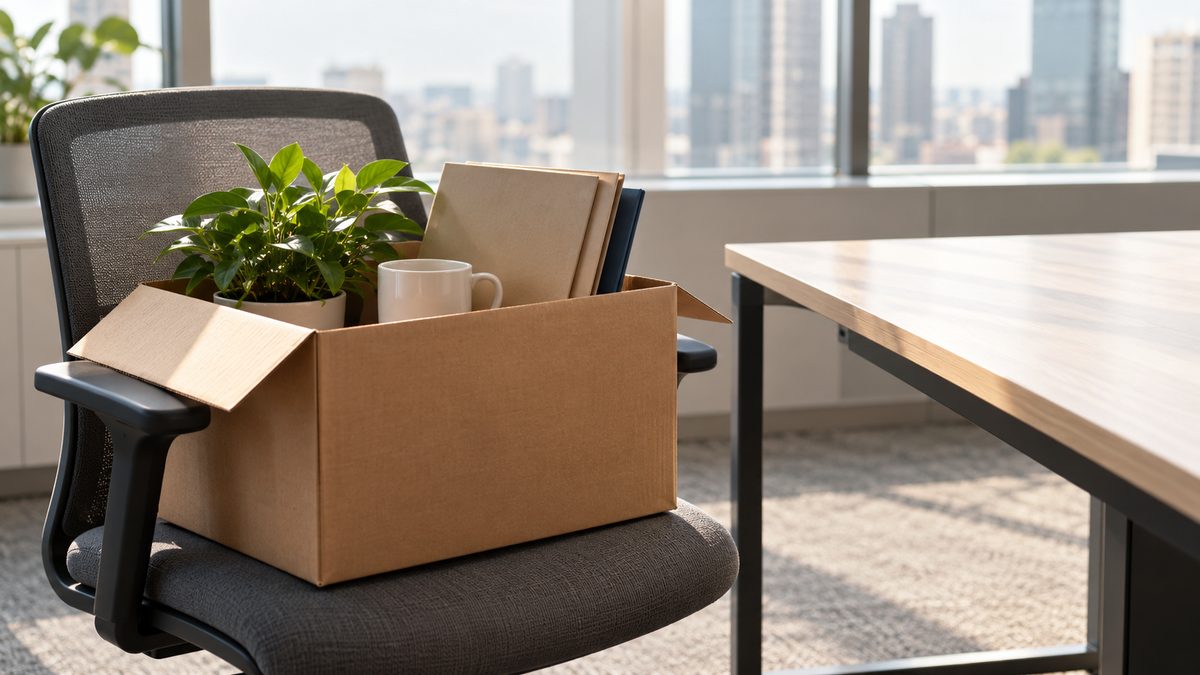 An open cardboard box holds a plant, mug and plain folders on an office chair beside an empty desk.