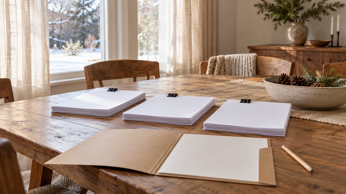 Stacks of blank papers, binder clips and an open kraft folder share a dining table with a bowl of pine cones.